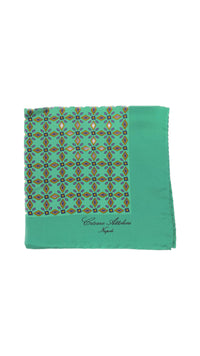 Thumbnail for Cesare Attolini Green Motif Silk Pocket Square Handmade In Italy