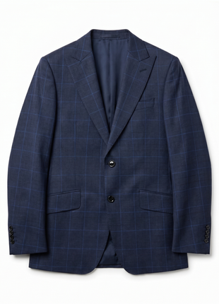 Sartoria Mazara Blue Plaid Windowpane Slim Fit Peak Lapel Wool 2-Button Suit