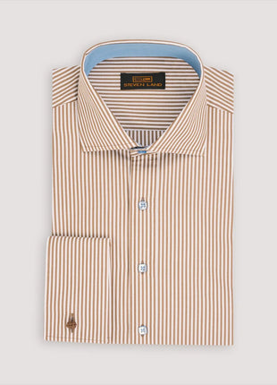 Steven Land Mens Brown Striped 100% Cotton French Cuff Dress Shirt