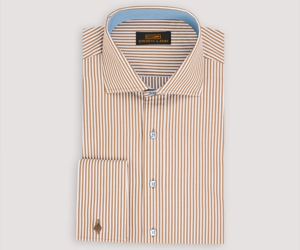 brown dress shirt Steven Land Mens Brown Striped 100% Cotton French Cuff Cutaway Collar – The  Suit Depot