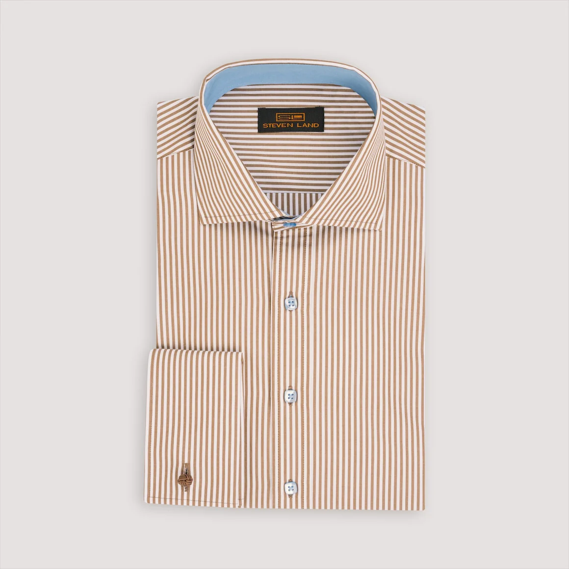 Steven Land Mens Brown Striped 100% Cotton French Cuff Cutaway Collar The Suit Depot Steven Land Mens Brown Striped 100% Cotton French Cuff Cutaway Collar The Suit Depot