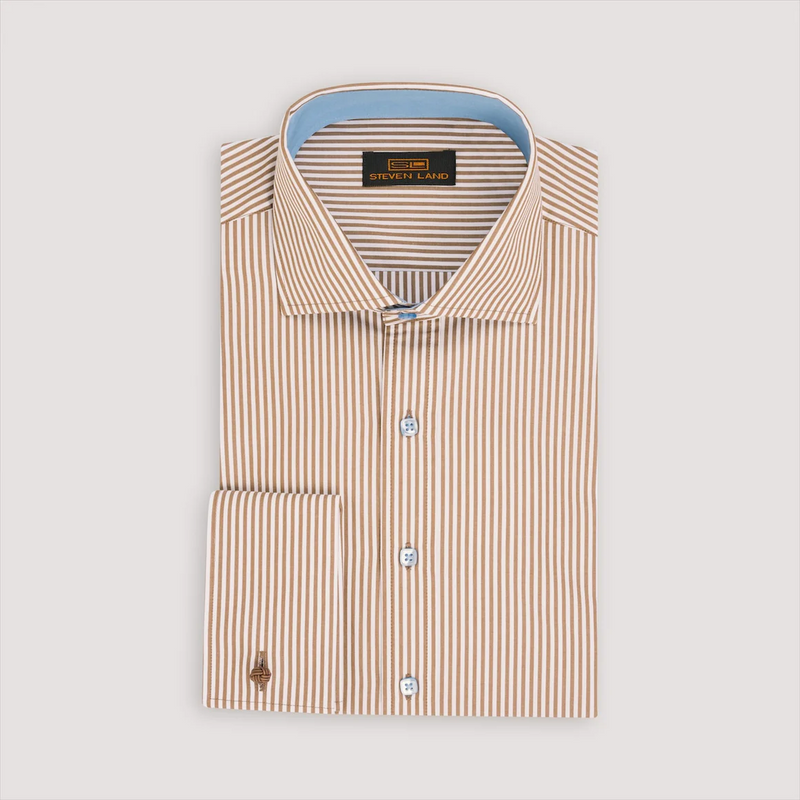 Steven Land Mens Brown Striped 100% Cotton French Cuff Cutaway Collar – The  Suit Depot