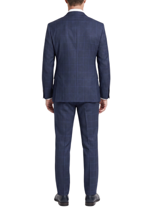 Sartoria Mazara Blue Plaid Windowpane Classic Fit Peak Lapel 2-Button Wool Suit