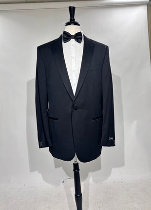 Ermenegildo Zegna Solid Black Satin Notch Lapel Slim Fit 1-Button Wool Tuxedo - 44L