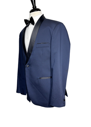 FAG Season Mens Navy Blue Jacquard Satin Shawl Lapel Slim Fit Stretch 1-Button Tuxedo - 44R (Altered)