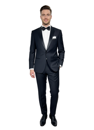 Giovanni Bresciani Mens Solid Black Satin Notch Lapel Slim Fit 2-Button Wool Tuxedo - 36S