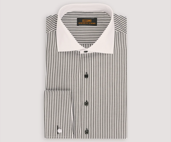 Steven Land Mens Black Striped 100% Cotton French Cuff Cutaway Collar The Suit Depot Steven Land Mens Black Striped 100% Cotton French Cuff Cutaway Collar The Suit Depot