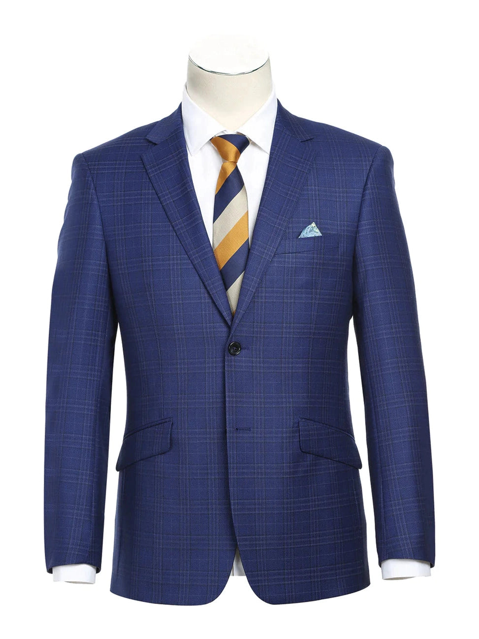 Raphael Men's Blue Plaid Wool Blend Slim Fit Blazer Sportcoat, 36 / Short