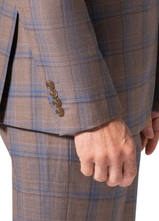 Beragamo Elegant Mens Brown Plaid Slim Fit 100% Wool 2 Piece Suit