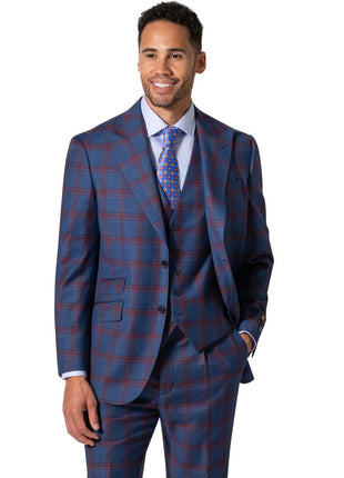 Beragamo Elegant Men Blue Plaid Classic Fit 100% Wool 3 Piece Suit & Peak Lapels