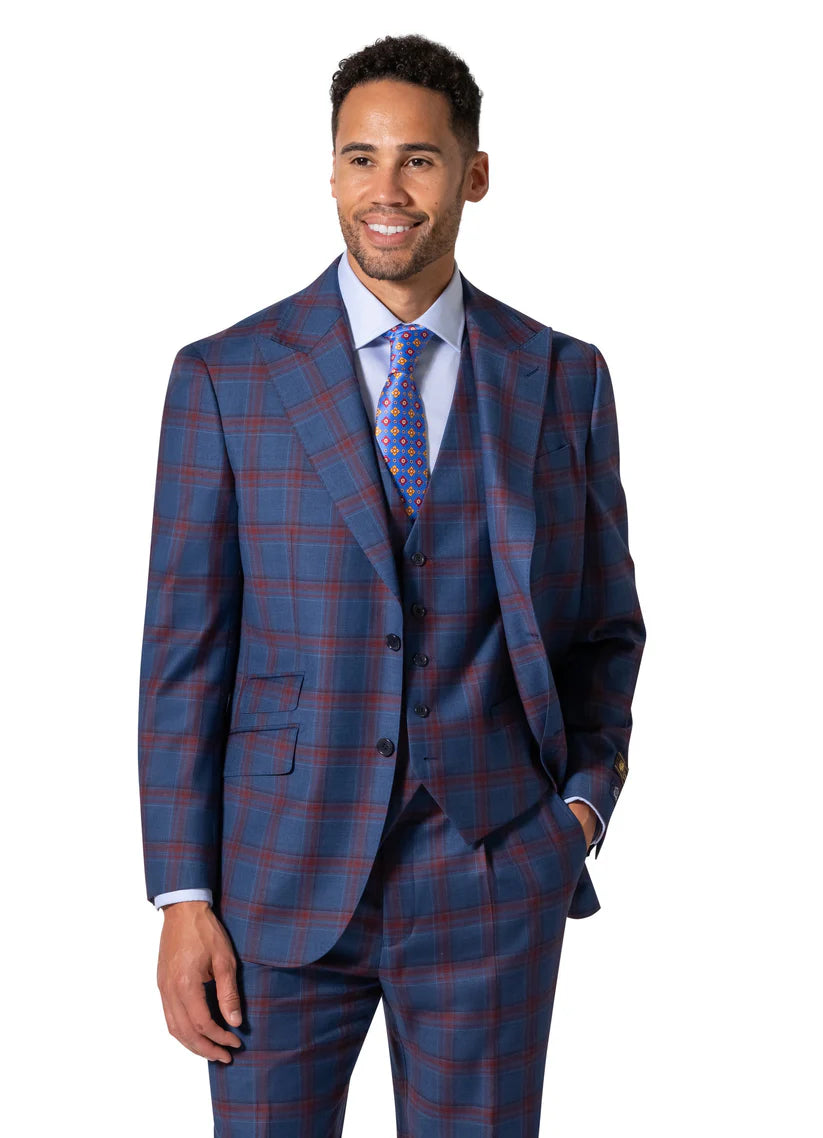 Beragamo Elegant Men Blue Plaid Classic Fit 100% Wool 3 Piece Suit & Peak Lapels