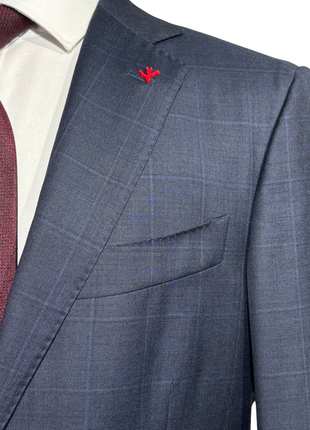 Isaia Mens Blue Windowpane Fully-Canvassed Notch Lapel Classic Fit 2-Button Wool Suit - 40R