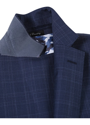 English Laundry Mens Navy Windowpane Plaid Slim Fit Notch Lapel 2 Button Wool Suit