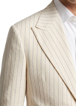 Canuti Cream & Blue Stripe Modern Fit Peak Lapel Stretch Double Breasted Seersucker Suit