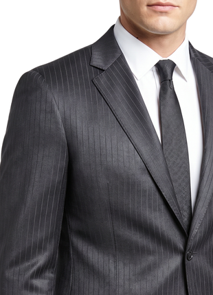 Canali Mens Black Sharkskin Pinstripe Notch Lapel Slim Fit 2 Button Wool Silk Suit - 48R