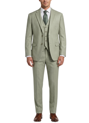 Beragamo Sage Green Herringbone Slim Fit Notch Lapel Stretch 3-Piece Suit
