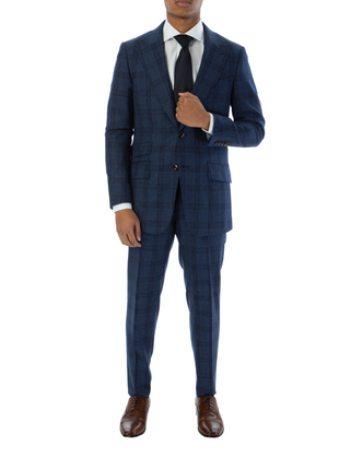 Sartoria Mazara Mens Slim Fit Navy Blue With Burgundy Check 100% Wool Suit With Peak Lapels