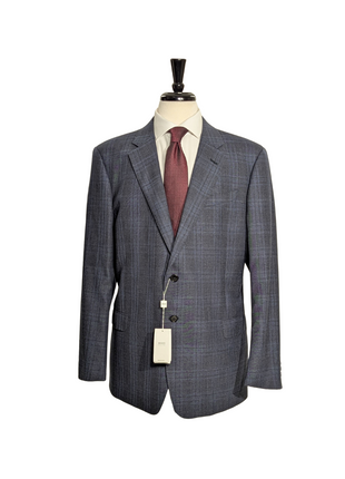 Armani Collezioni Navy Blue and Gray Check 100% Wool Notch Lapel 2 Button Suit 46R