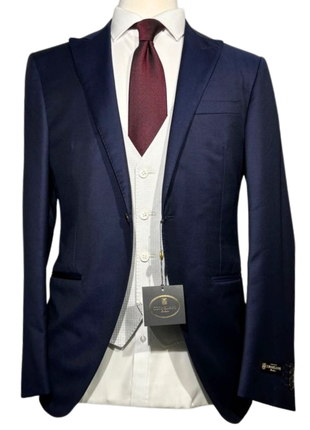 Corneliani Mens Navy Blue and Silver Mixed Pattern Fully-Canvassed Peak Lapel Classic Fit 3-Piece Wool Suit - 40R