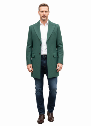 Canuti By Steven Land Mens Green 100% Wool 3/4 Length Overcoat With Peak Lapels - The Suit Depot
