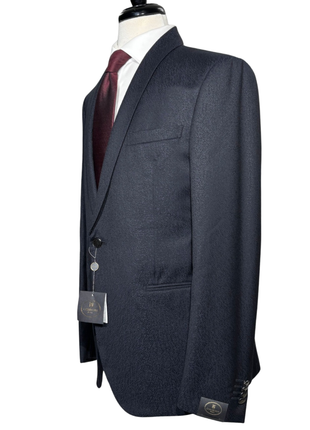Corneliani Mens Dark Navy Blue Textured Fully-Canvassed Shawl Lapel Slim Fit 3-Piece Wool Tuxedo Suit - 42R