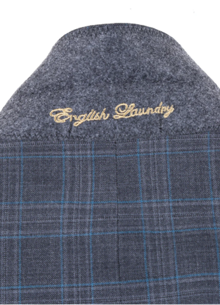 English Laundry Charcoal Gray Plaid Slim Fit Peak Lapel Wool Blend Stretch 2 Button Suit