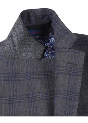 English Laundry Mens Gray & Blue Windowpane Slim Fit Notch Lapel 2 Button Stretch Suit