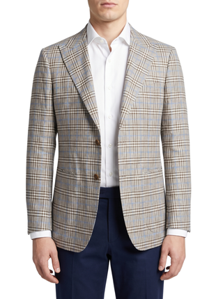 Canuti Mocha & Blue Plaid Modern fit Peak Lapel Stretch 2-Button Sport Coat