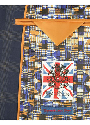 English Laundry Blue & Tan Windowpane Slim Fit Notch Lapel 2 Button Stretch Suit