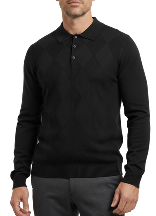 Lavane N.Y. Mens Black Diamond Knit Polo Sweater Shirt