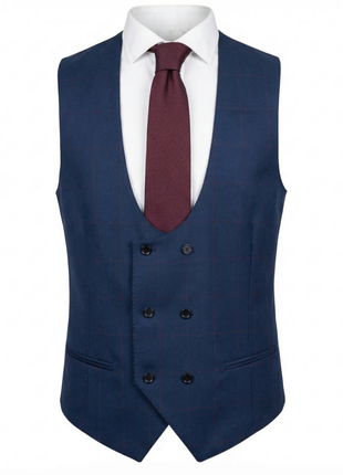 Mazara Mens Navy With Burgundy Windowpane Slim Fit Windowpane 3-Piece Wool Suit