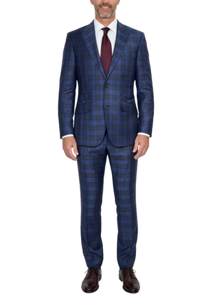 Beragamo Elegant Mens Blue With Burgundy Plaid Modern Fit Peak Lapel Wool 2 Button Suit