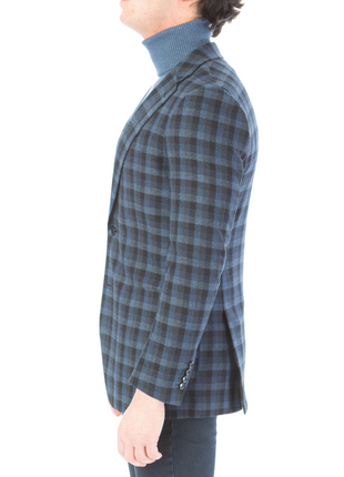 Sartoria Mazara Mens Slim Fit Black & Blue Check 100% Wool Blazer Sportcoat