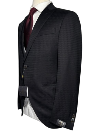 Corneliani Mens Black and Silver Mixed Pattern Fully-Canvassed Peak Lapel Classic Fit 3-Piece Wool Blend Suit - 40R