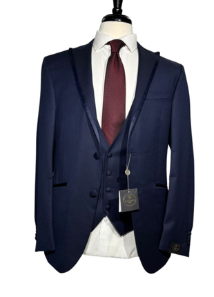 Corneliani Mens Solid Navy Fully-Canvassed Satin Peak Lapel Slim Fit 3-Piece Wool Tuxedo Suit - 40R - The Suit Depot