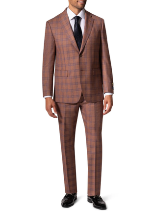 Berragamo Elegant Mens Orange with Blue Windowpane Modern Fit 2 Button Wool Suit