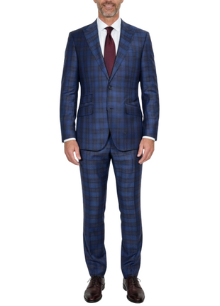 Beragamo Elegant Mens Blue With Burgundy Plaid Slim Fit Peak Lapel Wool 2 Button Suit