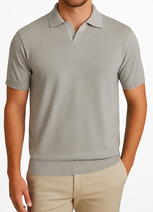 P.S. Shirts Silver Cotton Silk Blend Short Sleeve Johnny Collar Polo Casual Shirt