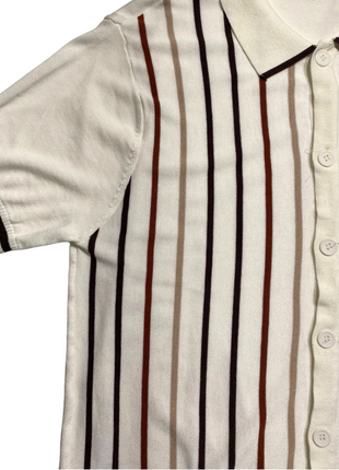Lavane Mens Cream Striped Cotton Rayon Blend Knit Button-Up Polo Casual Shirt