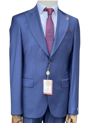Romaster Mens Tonal Check Blue Slim Fit Peak Lapels Stretch Wool Suit