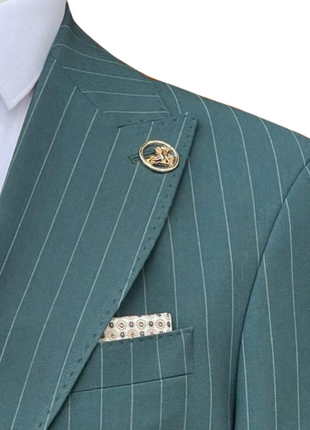 Romaster Men’s Green Pinstripe Slim Fit Peak Lapels Stretch Wool Blend Suit - The Suit Depot