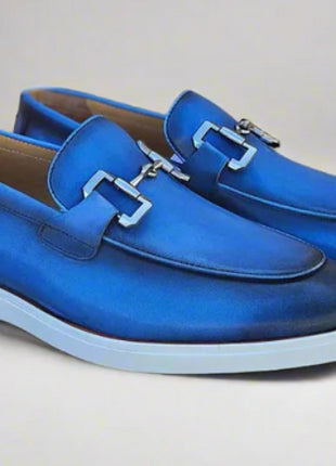 Men's Blue Leather Horsebit Loafers with Sporty White Sole