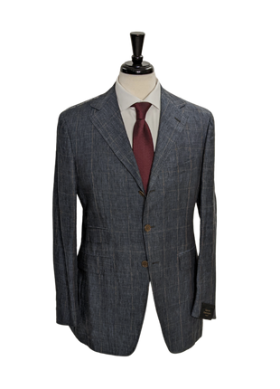 Sartoria Partenopea Men's Blue Windowpane 100% Linen Suit 40R