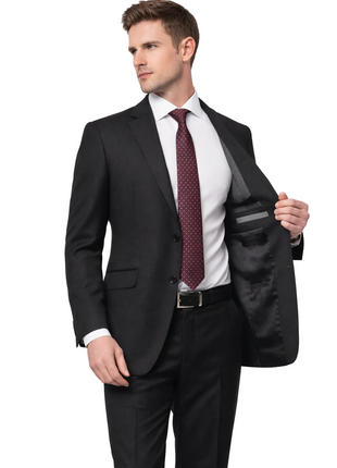 Men's Euro Slim Fit Solid Black Two Button 2 Piece 100% Wool Suit - The Suit Depot