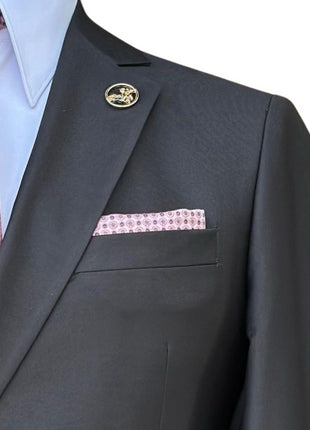 Pierre Carlos Solid Black Slim Fit Double Breasted Stretch Suit with Buckle Closure