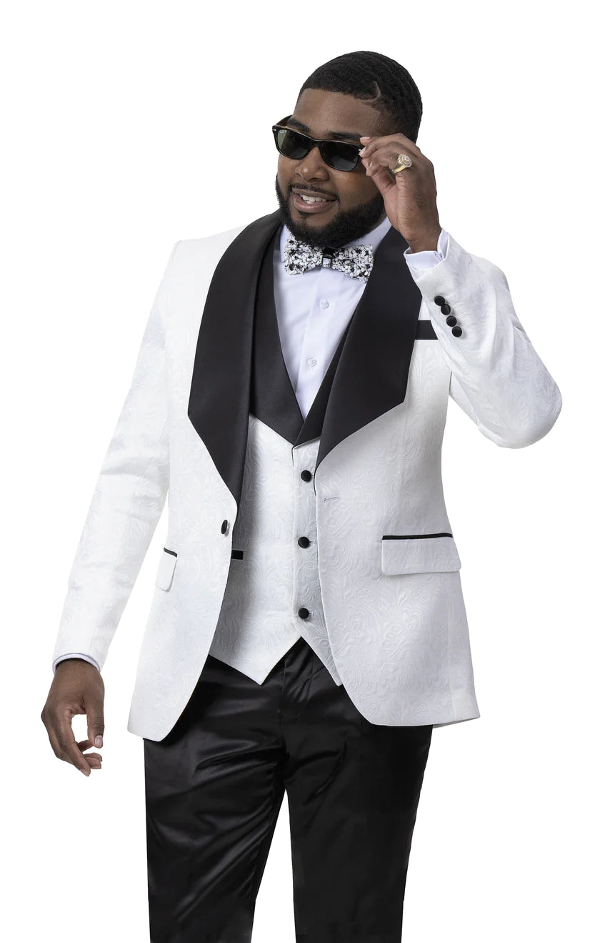Kent & Park Mens White & Black Tuxedo Prom Jacket Vest & Matching Bowtie