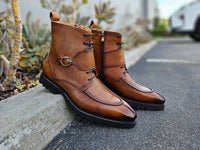 Thumbnail for Carrucci Mens Cognac Brown Split Toe Lace Up Leather Dress Boots