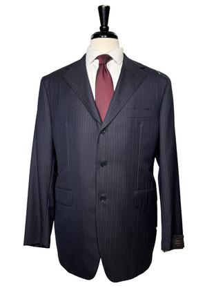 Sartoria Partenopea Mens Dark Blue Pinstripe Half-Canvassed Notch Lapel Slim Fit 3-button Wool Suit - 44R