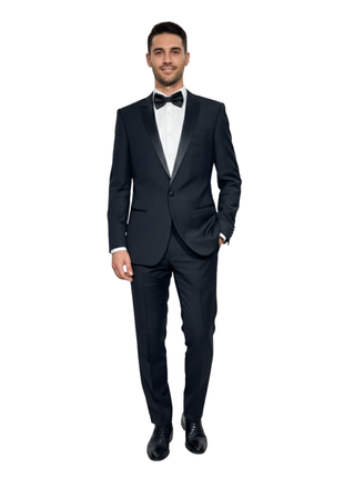 Giovanni Bresciani Mens Solid Black Satin Peak Lapel Slim Fit 1-Button Wool Tuxedo - 42R