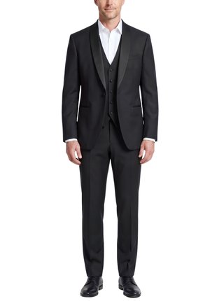 Corneliani Mens Solid Black Fully-Canvassed Shawl Lapel Classic Fit 3-Piece Wool Silk Tuxedo - 36S